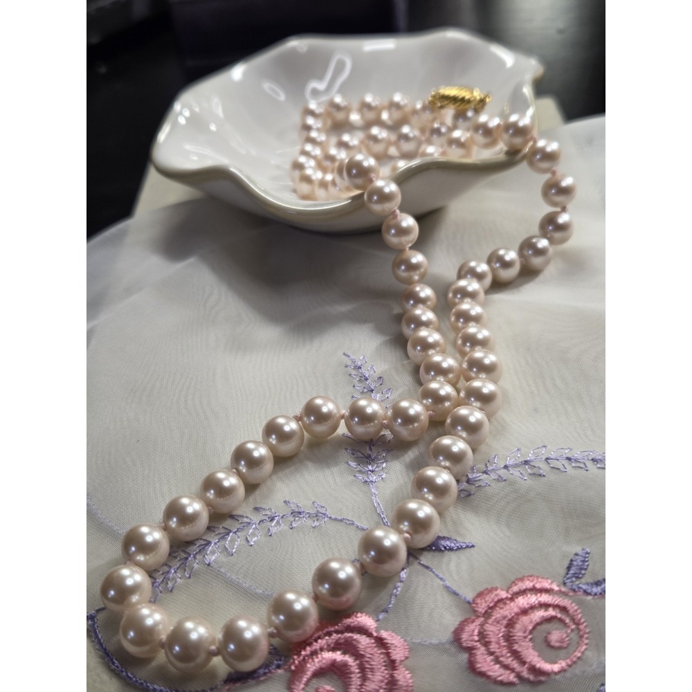 Vintage 24in Blush Pink Glass Pearl Necklace Knotted Strand G Silver Clasp